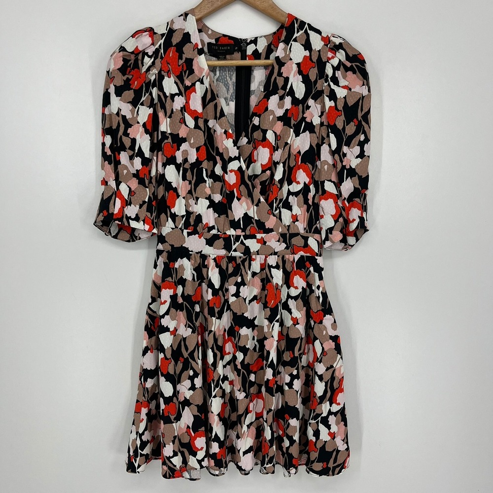 Ted Baker Skiala Abstract Floral Dobby Puff Sleeve Mini Dress Size 0
